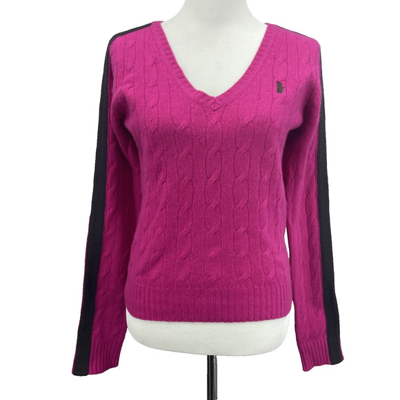Vtg Juicy Couture Womens L Cashmere Hot Pink Cable Knit Sweater Brown Stripe Slv